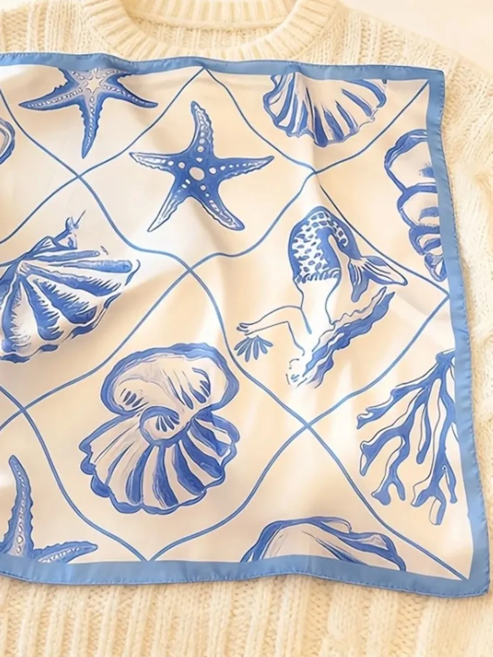 Blue & White Seashell Silk Scarf
